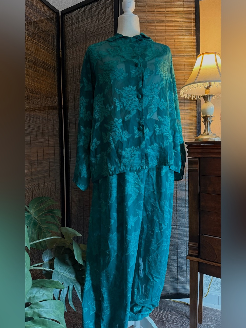 Vintage Victoria’s Secret Gold Label Pajama Set M Emerald Floral Jacquard